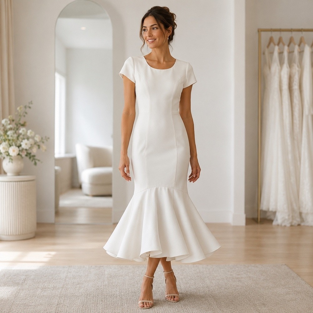 Amanda Uprichard White Mermaid Midi Dress Short Sleeve Scoop Back Ivory S
